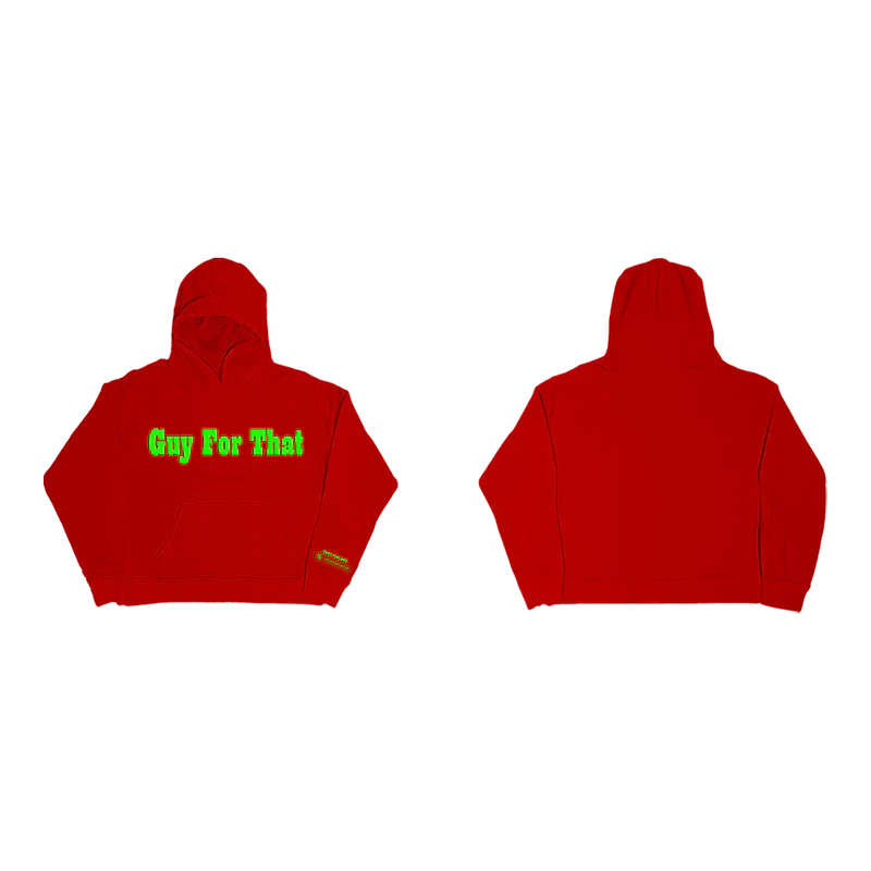 Red Post Malone graphic hoodie with neon Guy For That lettering and bold minimalist streetwear merch design
