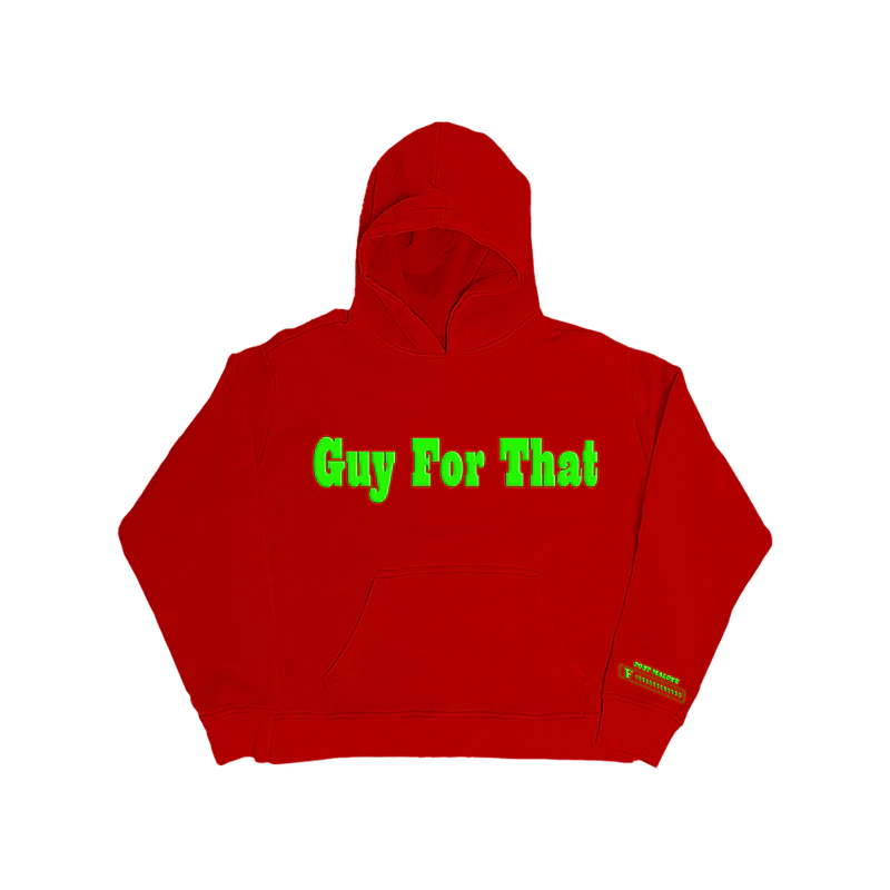 Front view of red Post Malone hoodie with bright green Guy For That graphic and oversized streetwear fit