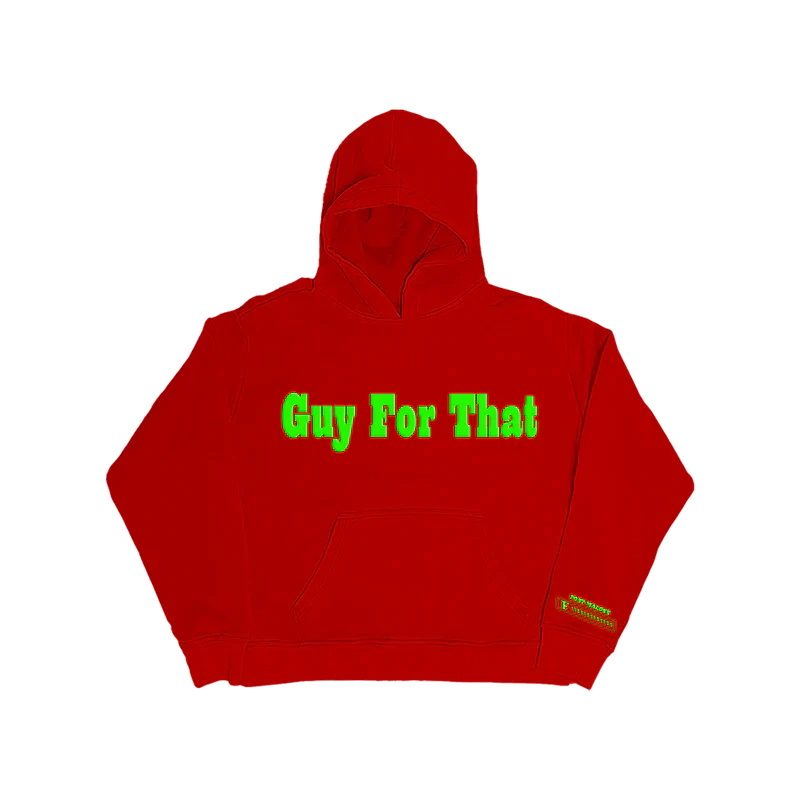 Front view of red Post Malone hoodie with bright green Guy For That graphic and oversized streetwear fit