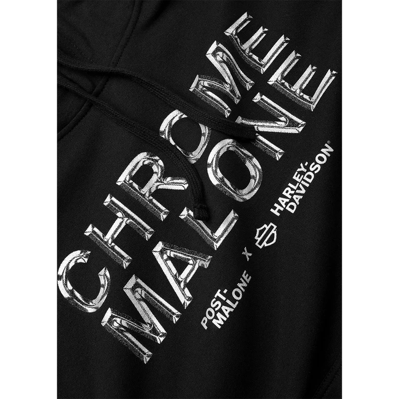 Close-up sleeve detail of Post Malone x Harley-Davidson Chrome Malone hoodie featuring collaborative biker-inspired print graphic