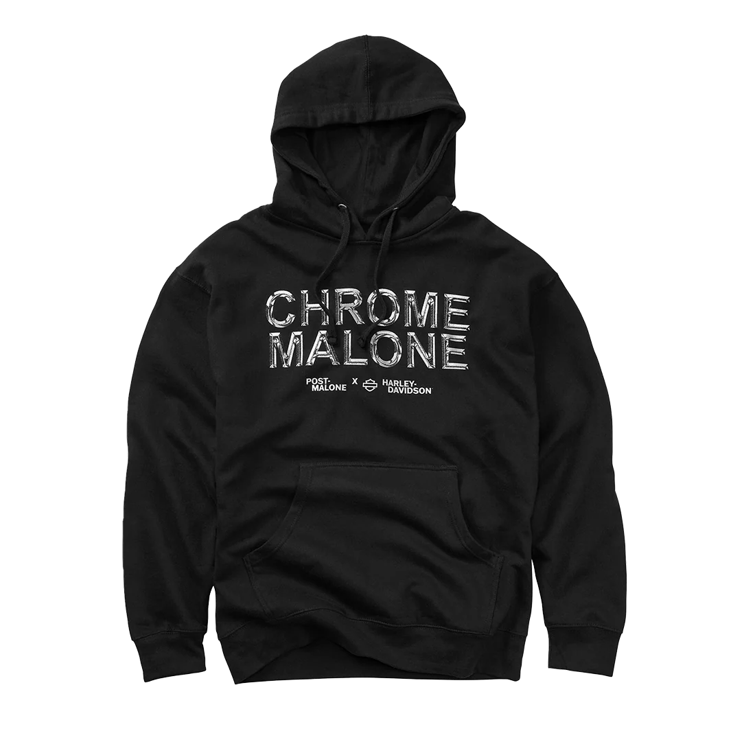 Front view of black Post Malone x Harley-Davidson Chrome Malone hoodie with metallic chrome logo and biker streetwear aesthetic