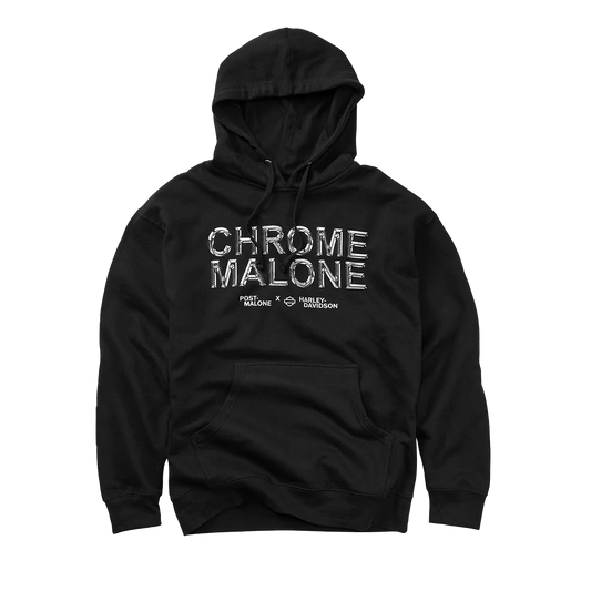 Front view of black Post Malone x Harley-Davidson Chrome Malone hoodie with metallic chrome logo and biker streetwear aesthetic