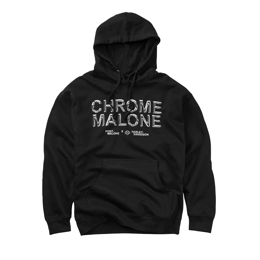 Front view of black Post Malone x Harley-Davidson Chrome Malone hoodie with metallic chrome logo and biker streetwear aesthetic