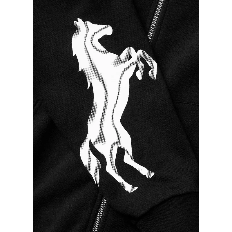Close-up of white horse graphic on black Post Malone Harley-Davidson hoodie sleeve with bold western-inspired artwork