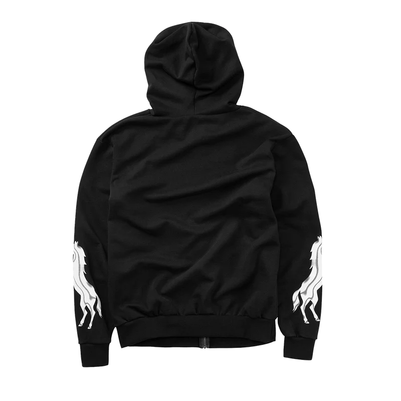 Back view of black Post Malone Harley-Davidson hoodie with clean streetwear silhouette and sleeve graphics