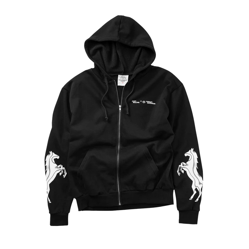 Black Post Malone x Harley-Davidson zip hoodie front with minimal chest logo and oversized streetwear fit