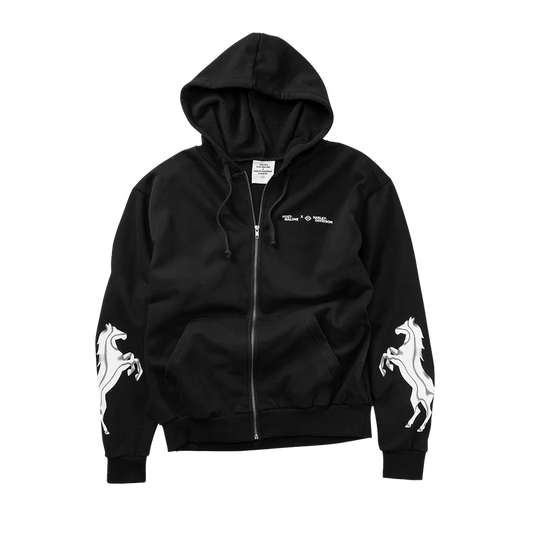 Black Post Malone x Harley-Davidson zip hoodie front with minimal chest logo and oversized streetwear fit