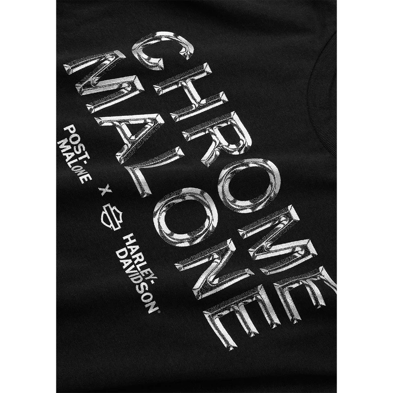 Close-up detail of Post Malone x Harley-Davidson Chrome Malone t-shirt featuring reflective chrome lettering and collaboration logo artwork