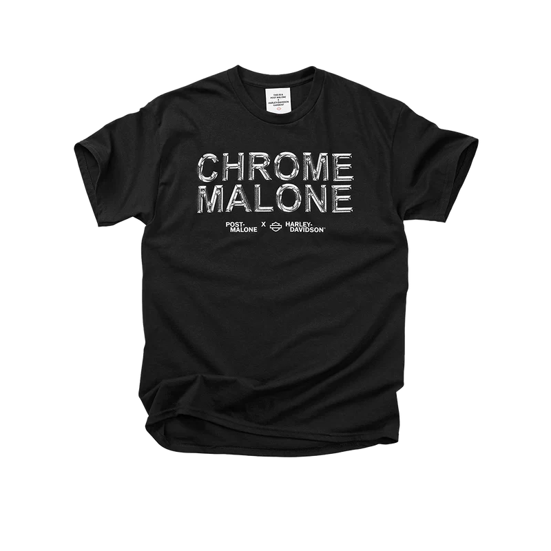 Front view of black Post Malone x Harley-Davidson Chrome Malone graphic tee featuring metallic chrome typography and biker-inspired streetwear design