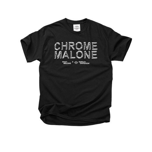 Front view of black Post Malone x Harley-Davidson Chrome Malone graphic tee featuring metallic chrome typography and biker-inspired streetwear design