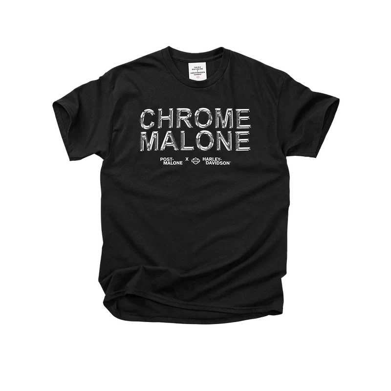 Front view of black Post Malone x Harley-Davidson Chrome Malone graphic tee featuring metallic chrome typography and biker-inspired streetwear design