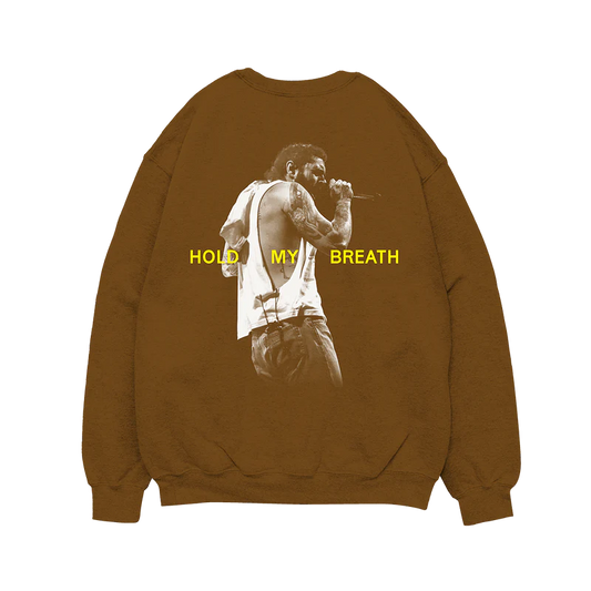Brown Post Malone crewneck with Hold My Breath live performance graphic and vintage concert streetwear aesthetic