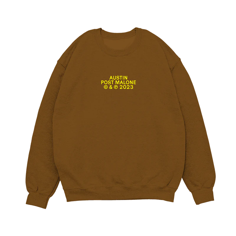 Front view of brown Post Malone Austin crewneck with minimalist yellow album logo and relaxed heavyweight fit