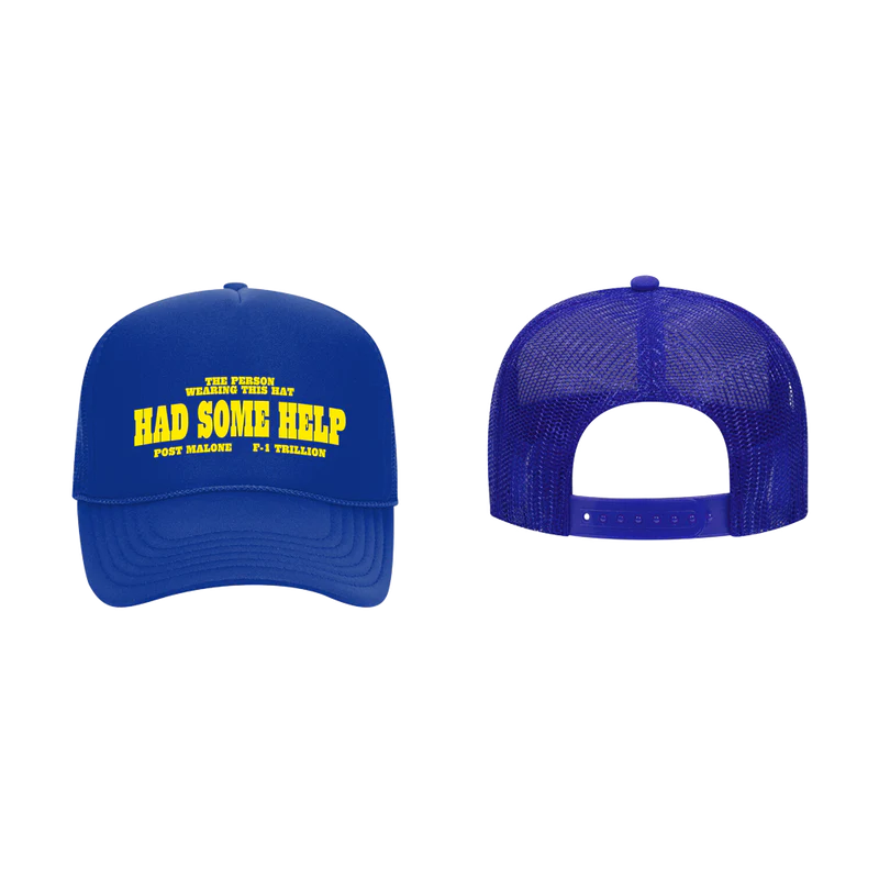 Blue Post Malone trucker hat with yellow Had Some Help graphic and breathable mesh back streetwear design