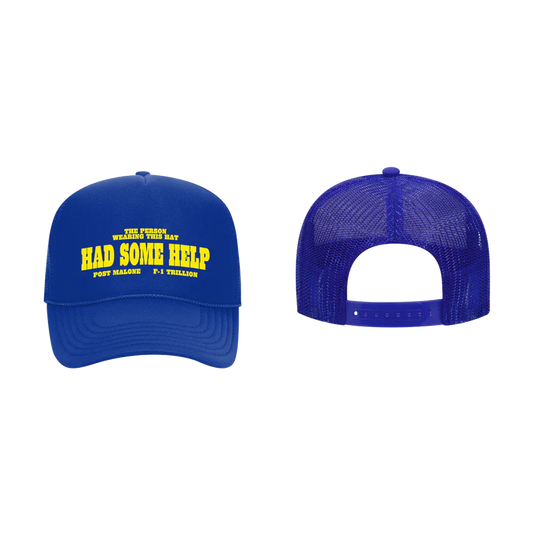 Blue Post Malone trucker hat with yellow Had Some Help graphic and breathable mesh back streetwear design