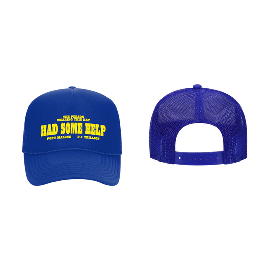 Blue Post Malone trucker hat with yellow Had Some Help graphic and breathable mesh back streetwear design