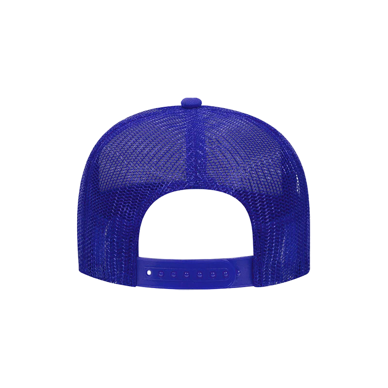 Back view of blue Post Malone mesh trucker hat with adjustable snapback closure and breathable tour merch design
