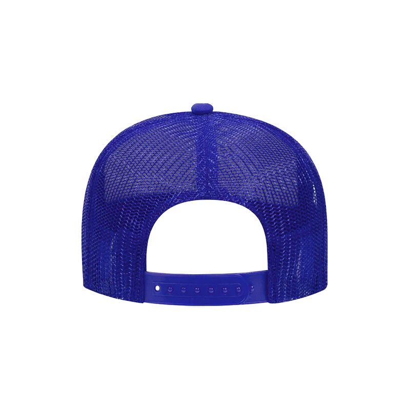 Back view of blue Post Malone mesh trucker hat with adjustable snapback closure and breathable tour merch design
