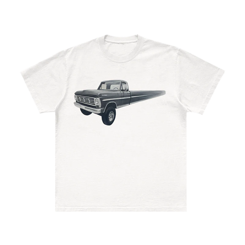 Front view of white Post Malone graphic t-shirt featuring surreal elongated vintage truck illustration inspired by country streetwear aesthetic