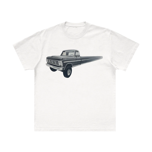 Front view of white Post Malone graphic t-shirt featuring surreal elongated vintage truck illustration inspired by country streetwear aesthetic