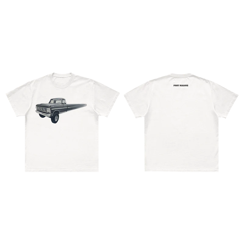 Staggered front and back view of white Post Malone Infinite Truck Painting Tee with vintage pickup truck artwork