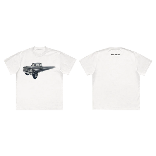 Staggered front and back view of white Post Malone Infinite Truck Painting Tee with vintage pickup truck artwork