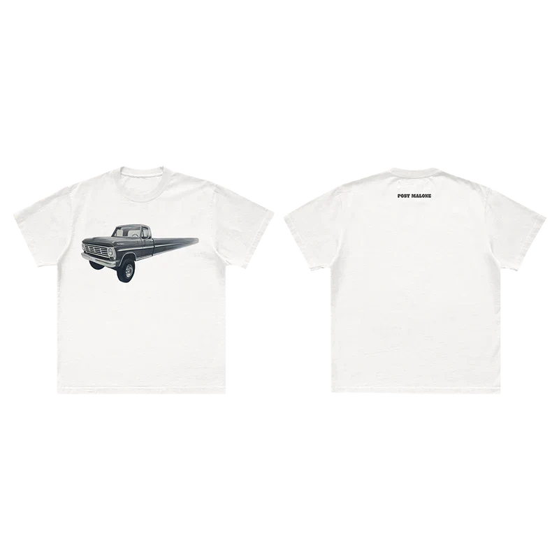 Staggered front and back view of white Post Malone Infinite Truck Painting Tee with vintage pickup truck artwork