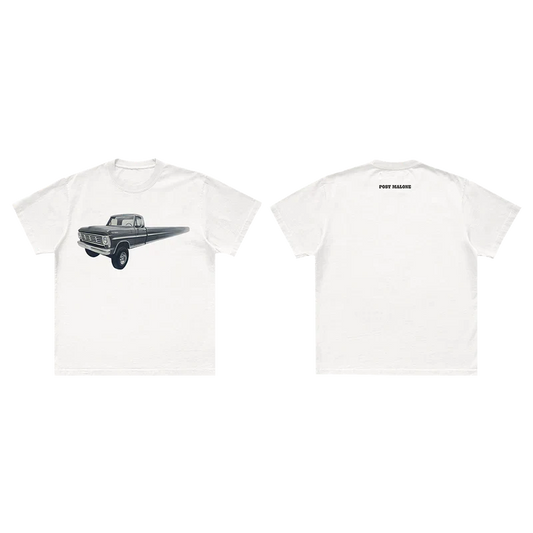 Staggered front and back view of white Post Malone Infinite Truck Painting Tee with vintage pickup truck artwork