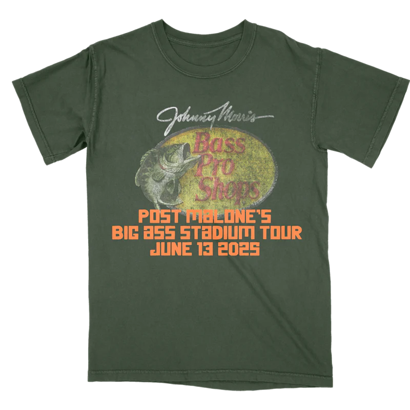 Green Post Malone merch t-shirt featuring Bass Pro Shops graphic artwork and Big Ass Stadium Tour event print.
