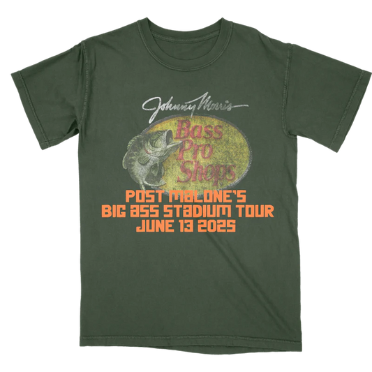 Green Post Malone merch t-shirt featuring Bass Pro Shops graphic artwork and Big Ass Stadium Tour event print.