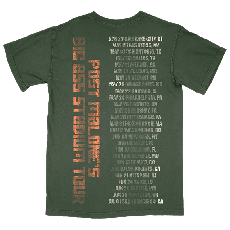 Green Post Malone merch t-shirt with Big Ass Stadium Tour dates and vertical Post Malone back graphic print.
