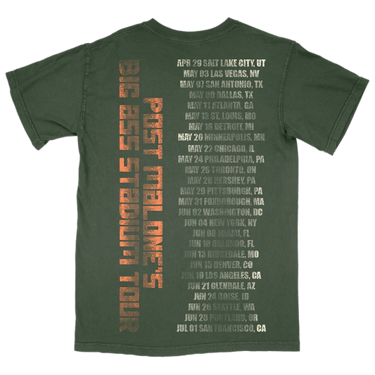 Green Post Malone merch t-shirt with Big Ass Stadium Tour dates and vertical Post Malone back graphic print.
