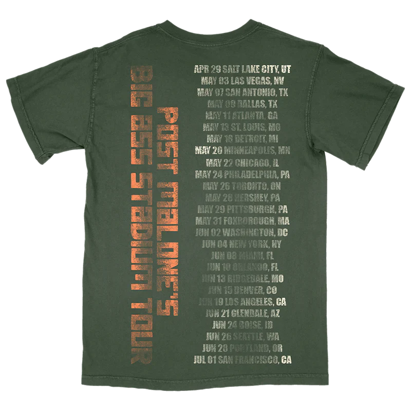 Green Post Malone merch t-shirt with Big Ass Stadium Tour dates and vertical Post Malone back graphic print.