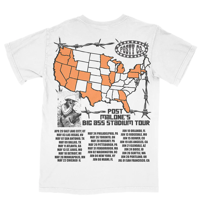 White Post Malone merch t-shirt with Big Ass Stadium Tour map graphic and 2025 concert date back print.