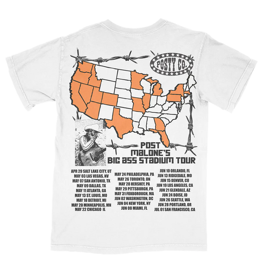 White Post Malone merch t-shirt with Big Ass Stadium Tour map graphic and 2025 concert date back print.