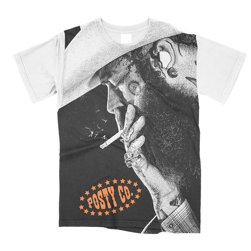 White Post Malone merch t-shirt featuring oversized cowboy portrait graphic and vintage Posty Co streetwear print.