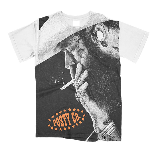 White Post Malone merch t-shirt featuring oversized cowboy portrait graphic and vintage Posty Co streetwear print.