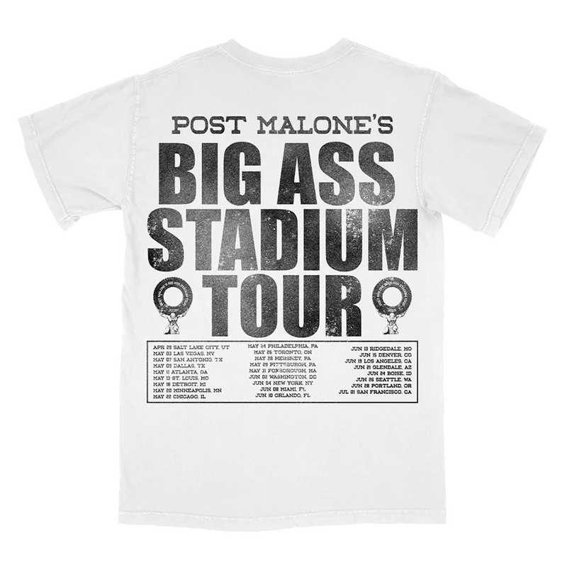 White Post Malone merch t-shirt with oversized Big Ass Stadium Tour typography and 2025 concert date back print.