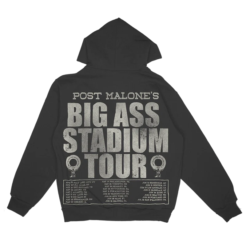 Black Post Malone merch zip hoodie with Big Ass Stadium Tour graphic and 2025 concert date back print.