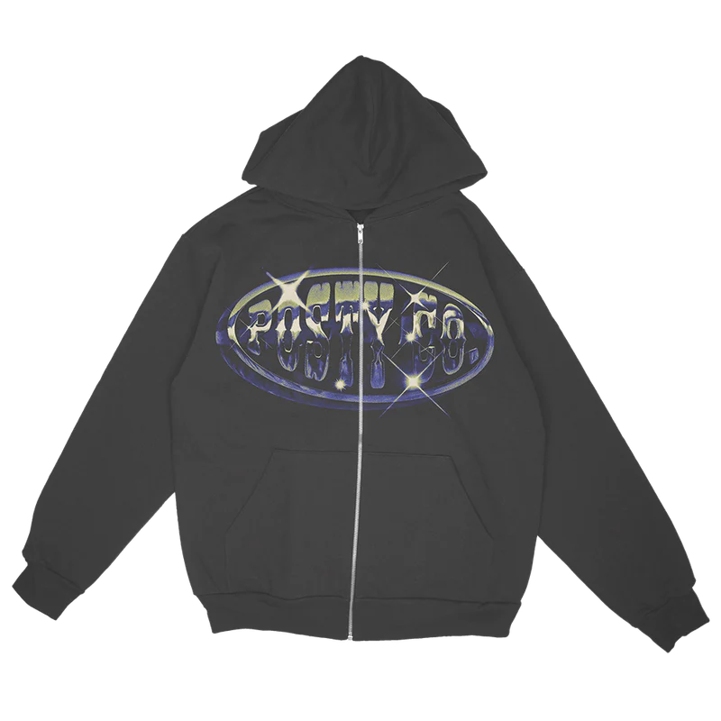 Black Post Malone merch zip hoodie featuring chrome Posty Co logo graphic and oversized streetwear front print.