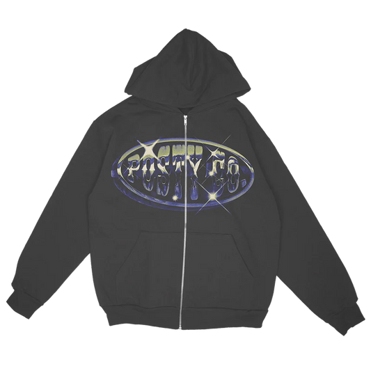 Black Post Malone merch zip hoodie featuring chrome Posty Co logo graphic and oversized streetwear front print.
