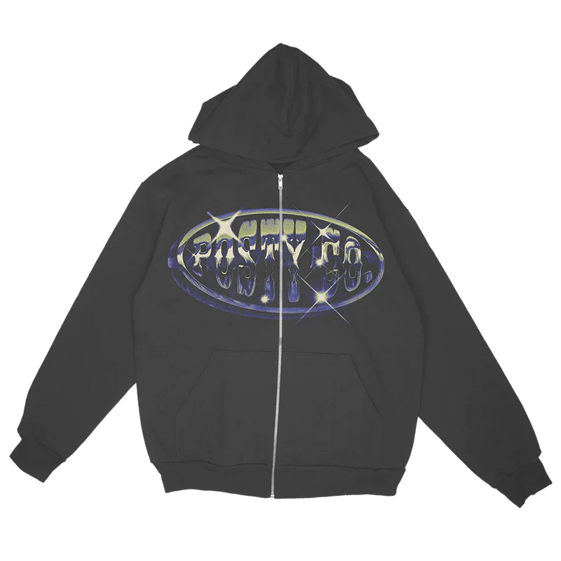 Black Post Malone merch zip hoodie featuring chrome Posty Co logo graphic and oversized streetwear front print.