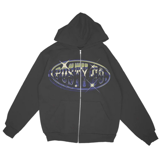 Black Post Malone merch zip hoodie featuring chrome Posty Co logo graphic and oversized streetwear front print.