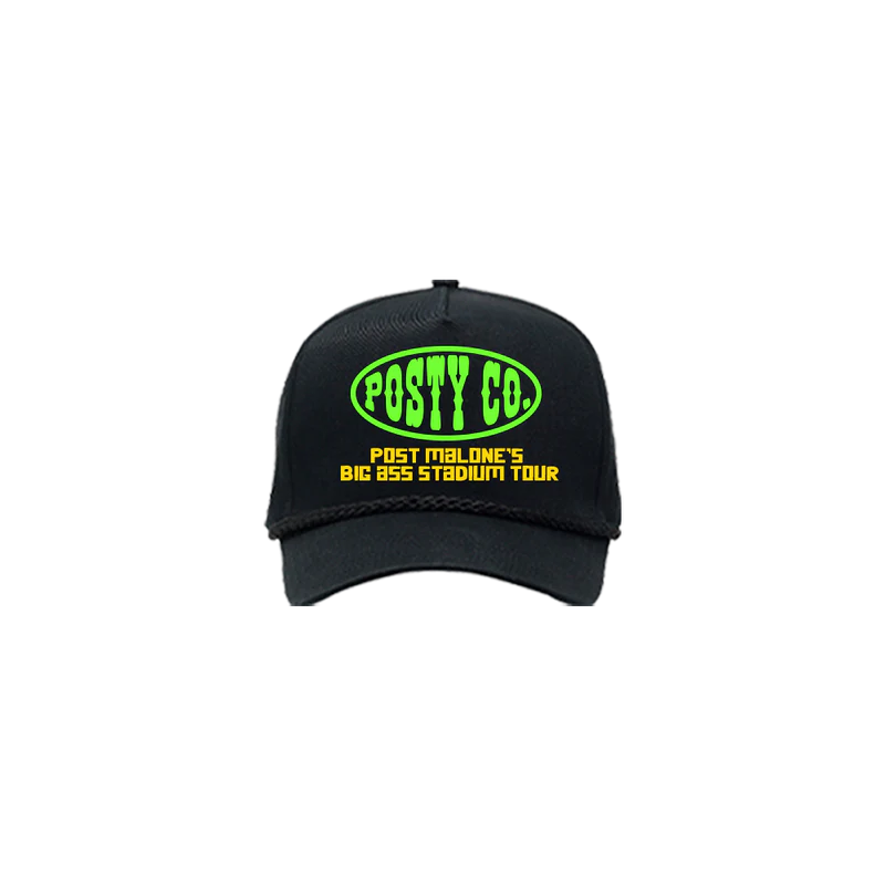 Black Post Malone merch hat with neon Posty Co logo and Big Ass Stadium Tour graphic on front official fan apparel