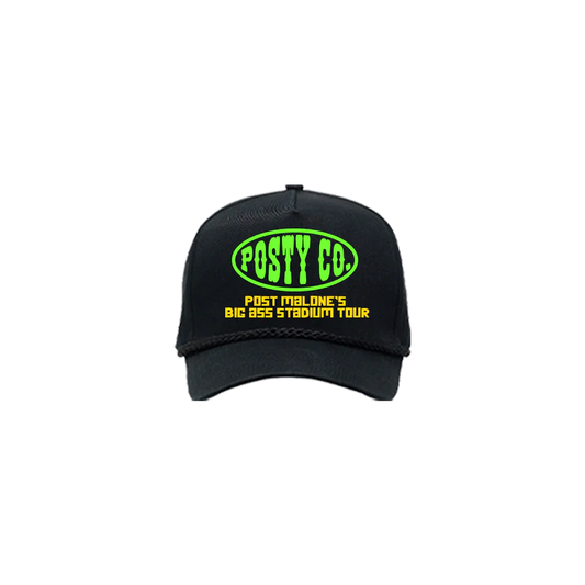 Black Post Malone merch hat with neon Posty Co logo and Big Ass Stadium Tour graphic on front official fan apparel