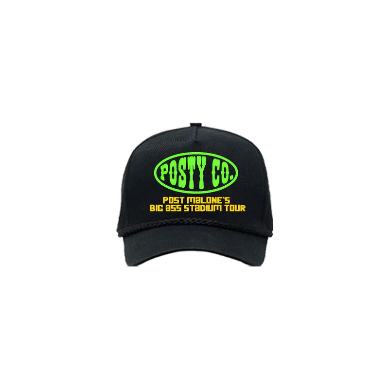 Black Post Malone merch hat with neon Posty Co logo and Big Ass Stadium Tour graphic on front official fan apparel