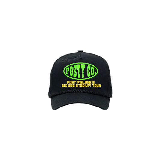 Black Post Malone merch hat with neon Posty Co logo and Big Ass Stadium Tour graphic on front official fan apparel