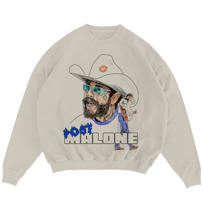 Cream Post Malone merch crewneck featuring blue flame logo typography and cowboy character graphic front design.