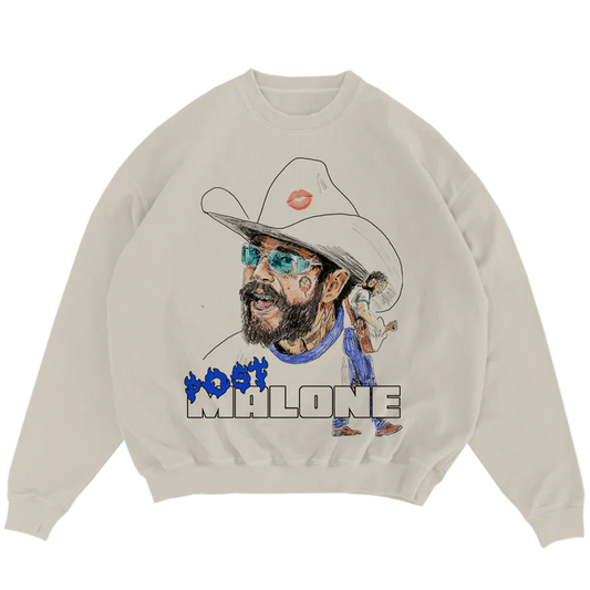 Cream Post Malone merch crewneck featuring blue flame logo typography and cowboy character graphic front design.