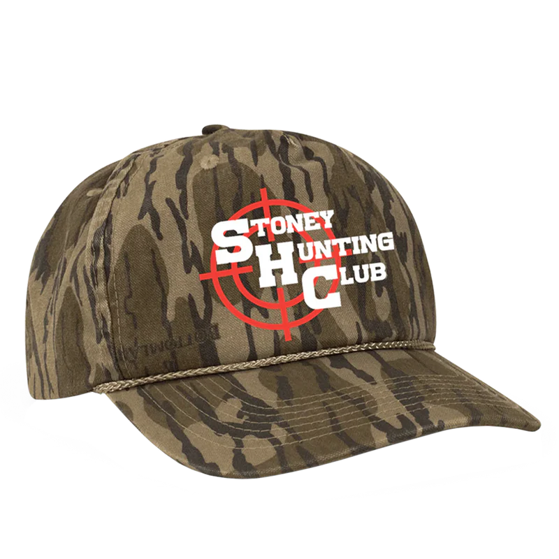 Camo Post Malone merch hat featuring Stoney Hunting Club logo with red target graphic on front outdoor streetwear fan apparel